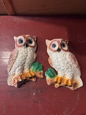 Decorative White and Brown Owl Wall Plaque Pair